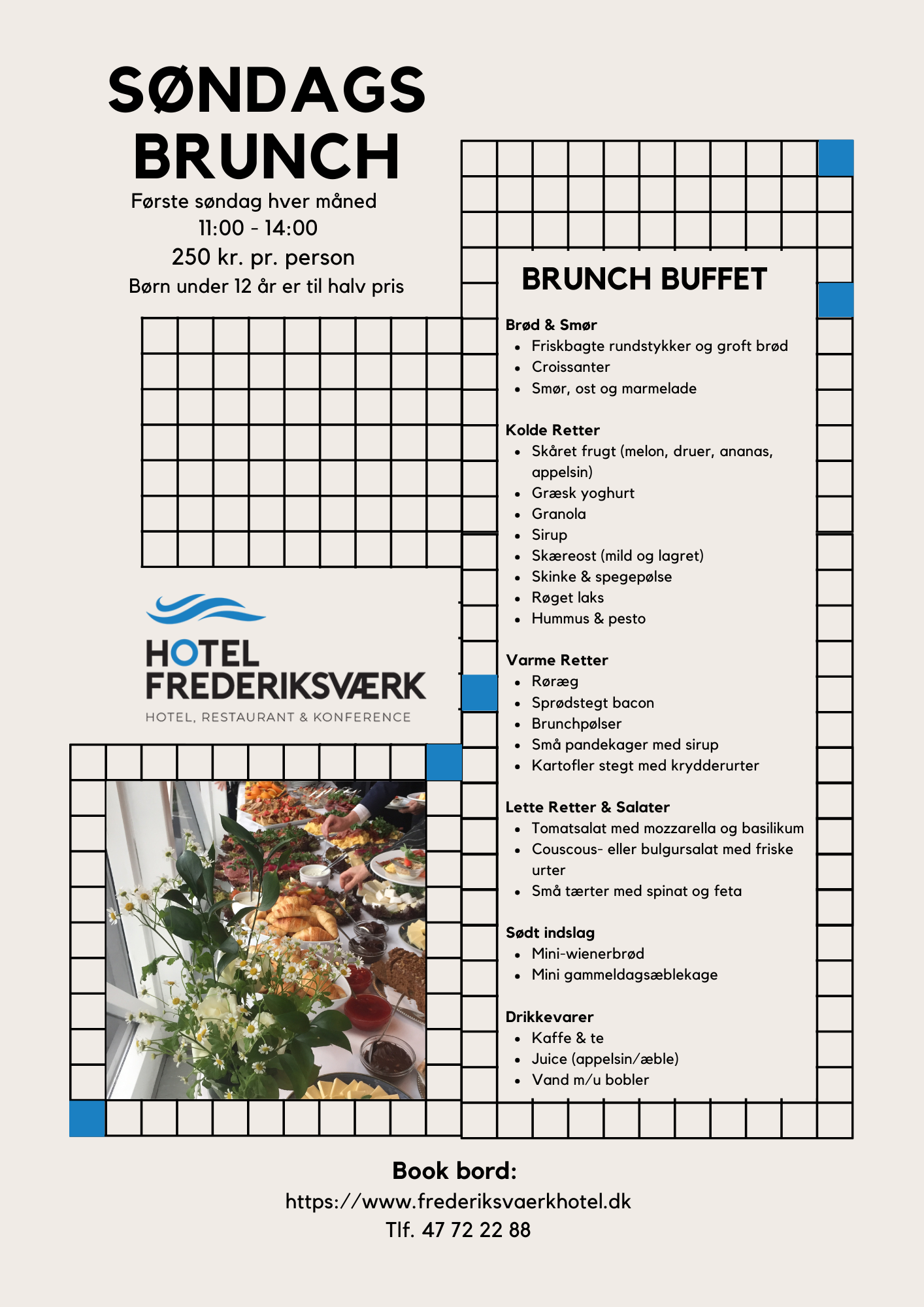 Søndagsbrunch flyer med menu og priser