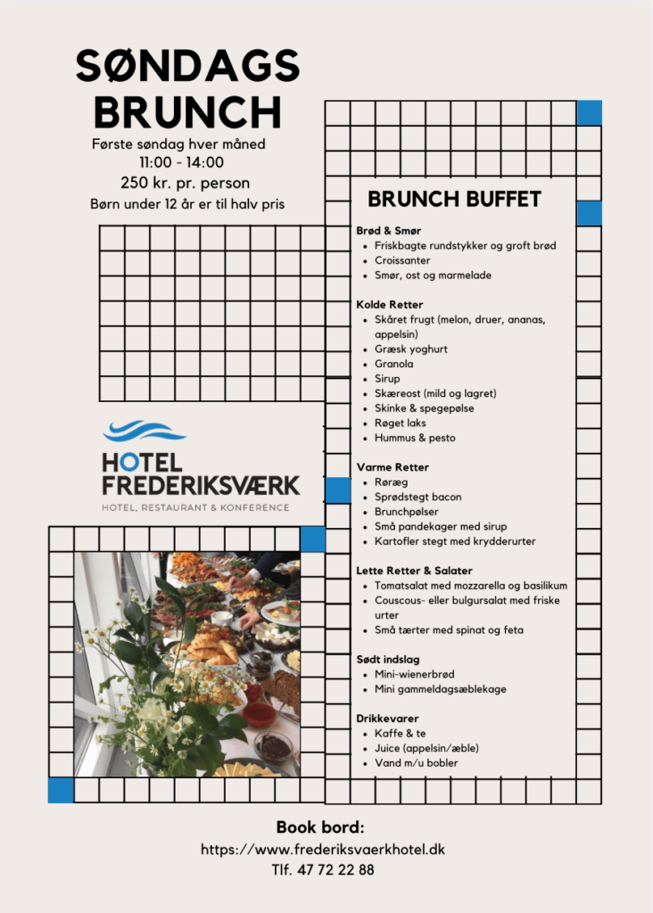 Hotel Frederiksværk Brunchbuffet-folder med tjek kant med dansk og engelsk tekst. Indeholder brunchdetaljer, menupunkter og kontaktoplysninger til Hotel Frederiksværk. Et lille billede af en buffetopsætning er nederst til venstre.
