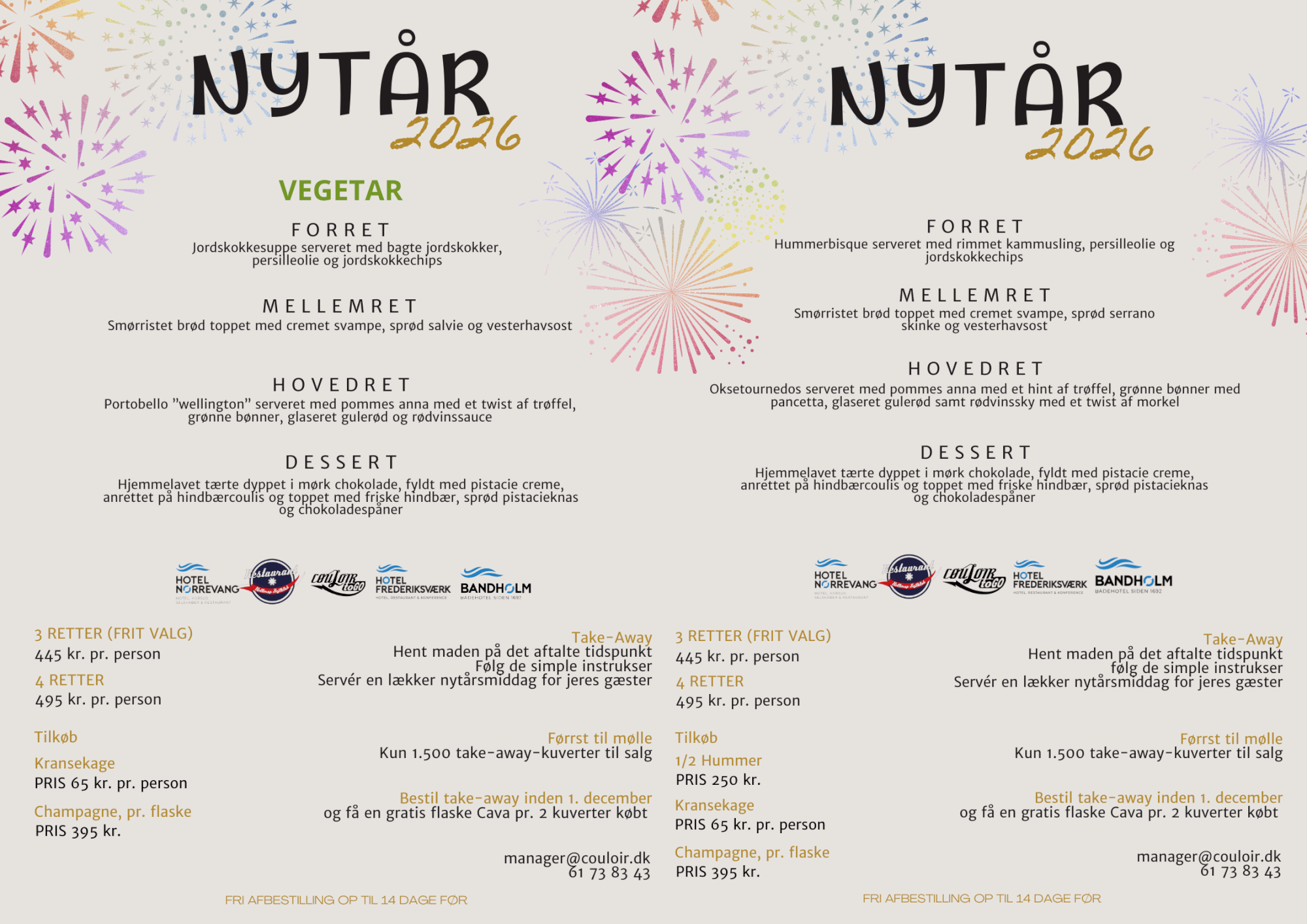 Hotel Frederiksværk To menuer til nytårsaften 2026 med farverigt fyrværkeri i baggrunden. I venstre side er der en vegetarisk menu, i højre side en almindelig menu. Begge indeholder fire retter, priser og kontaktoplysninger på dansk.