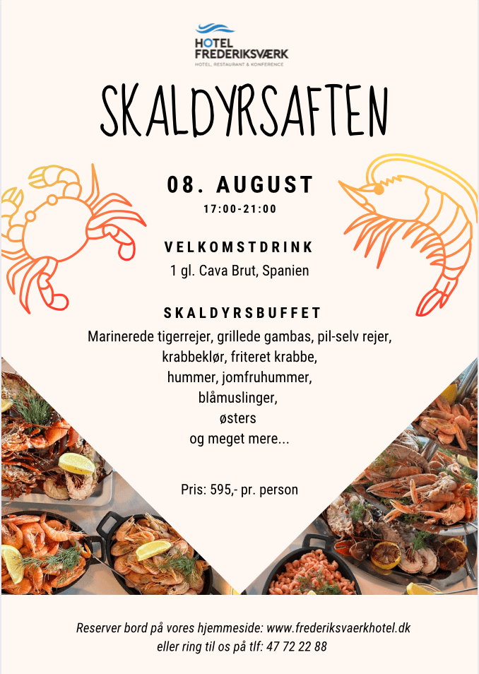 Hotel Frederiksværk Eventplakat for Skaldyrsaften på Hotel Frederiksværk med fiske- og skaldyrsretter som rejer, hummer, østers og muslinger på et buffetbord, med eventdetaljer og kontaktinfo på dansk.