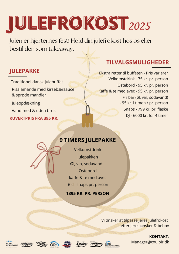 Hotel Frederiksværk En dansk julefrokostflyer med titlen Julefrokost 2025 med festlig grafik og pakkemuligheder, herunder buffet, drikkevarer og tilkøb, samt kontaktoplysninger i bunden. Farver: rød, guld og beige.