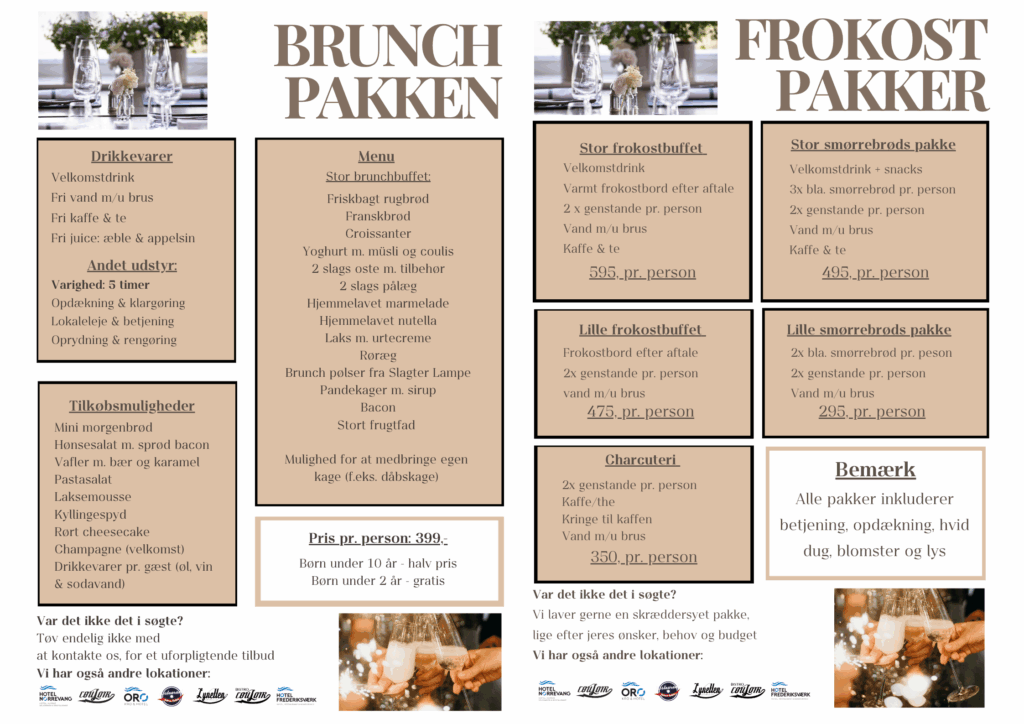 Selskabspakker information om brunch pakken og frokost-pakker
